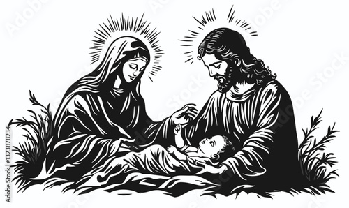 Nativity scene with holy family in decorative art style, black and white, vector, linear, icons set.