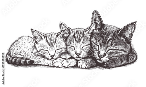 Three sleeping cats in black and white, flat icons set, vector.
