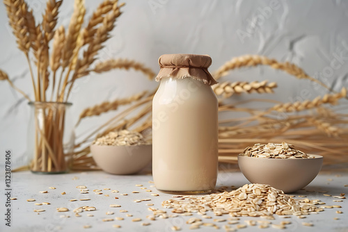 homemade oat milk in glass bottle with grains vegan plant based dairy free alternative healthy organic drink natural gluten free non dairy beverage fresh nutrition rustic background

