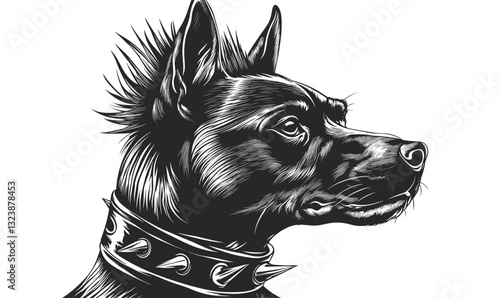 Fierce dog with spiked collar, black and white stylized profile - vector, linear icons set.