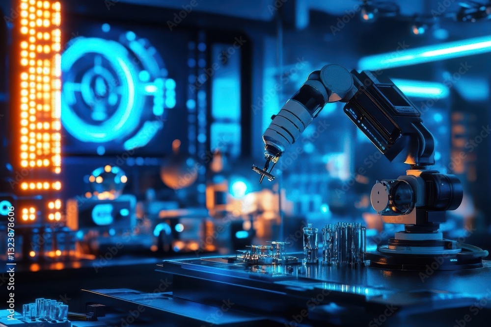 advanced robotic arm with precision tools performs intricate assembly tasks in a high-tech laboratory, surrounded by blue-tinted holographic displays and scientific equipment under cool led lighting