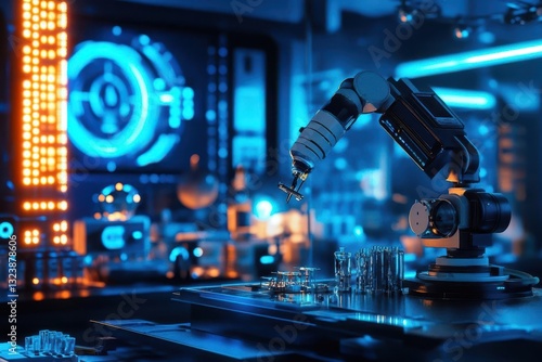 Obraz na płótnie advanced robotic arm with precision tools performs intricate assembly tasks in a high-tech laboratory, surrounded by blue-tinted holographic displays and scientific equipment under cool led lighting w salonie