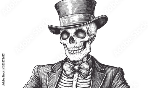 Skeletal gentleman in top hat and suit - linear style skeleton icons set vector.