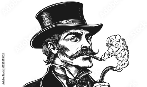 Vintage gentleman with pipe and top hat, smoking, mustache, retro, victorian, linear icons set, vector.