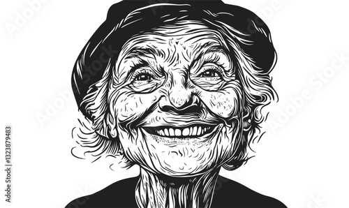Elderly woman smiling with joy, black and white hat portrait, linear icons set, vector.