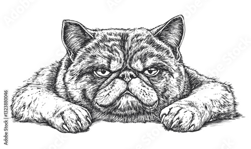 Grumpy cat drawing with paws front, hand-drawn pet line art illustrations, animal faces icons set, linear vector.