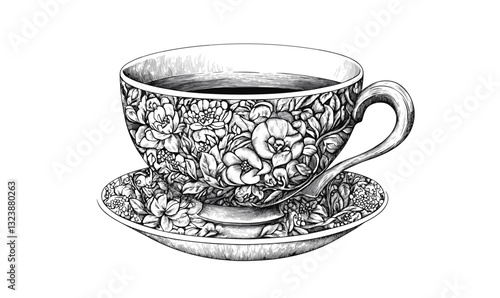 Elegant floral teacup and saucer with intricate patterns, flat icons set, vector.