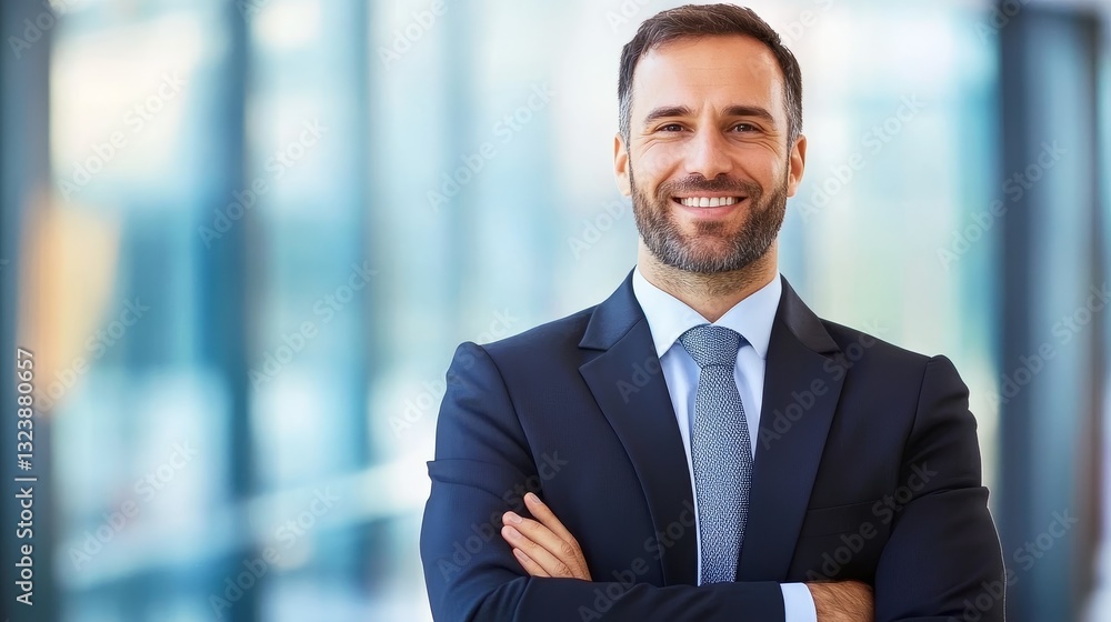 Confident businessman in a suit smiling with arms crossed in a modern office setting Confident businessman in a suit smiling with arms crossed in a modern office setting