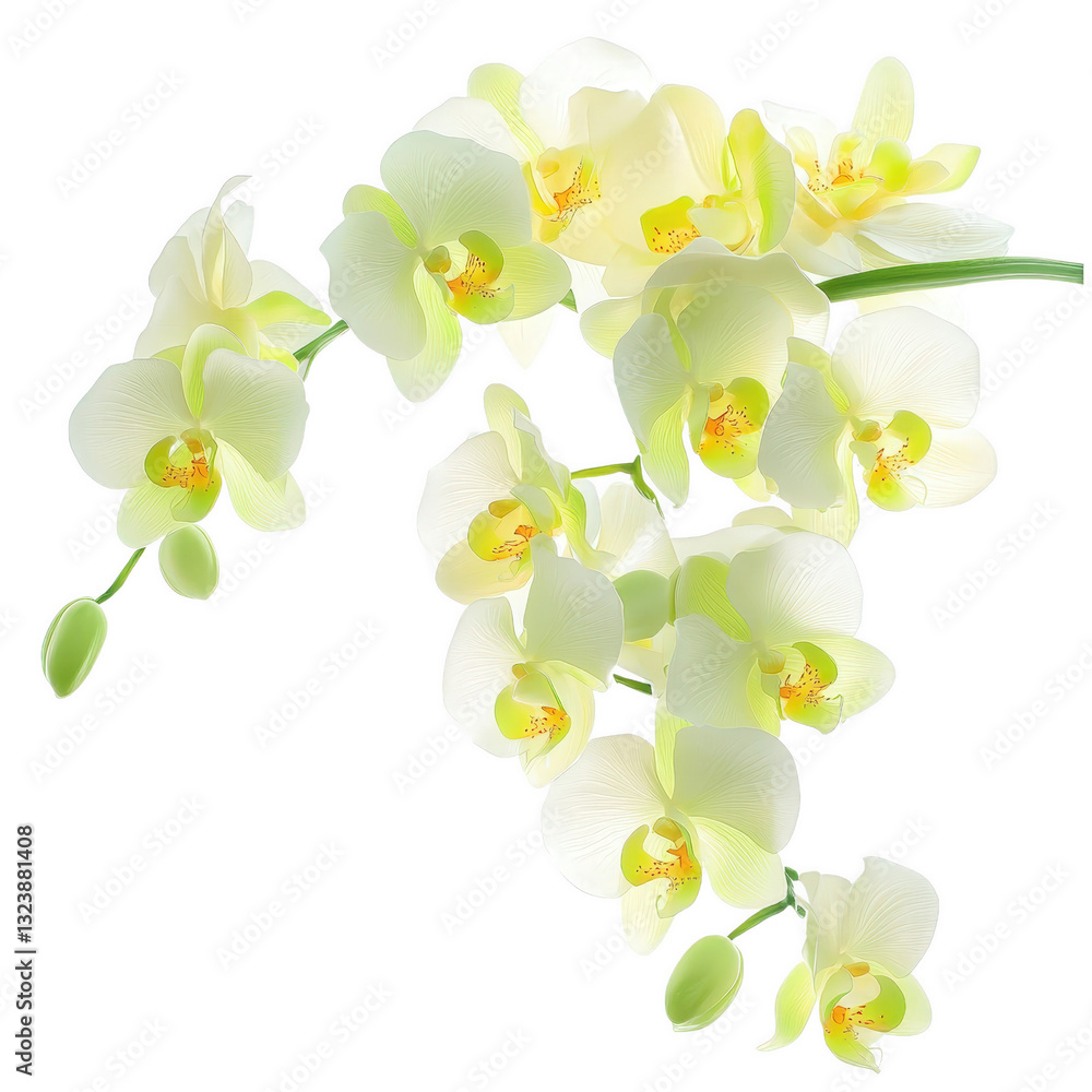 Obraz premium Orchid's Delicate Bloom: An elegant cluster of delicate white and yellow orchids blossoms forth, displaying their intricate structure.