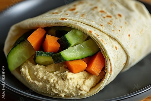 A delicious and healthy vegan wrap filled with hummus, fresh cucumbers, and juicy carrots, presented on a dark plate with a clean, inviting close-up shot.