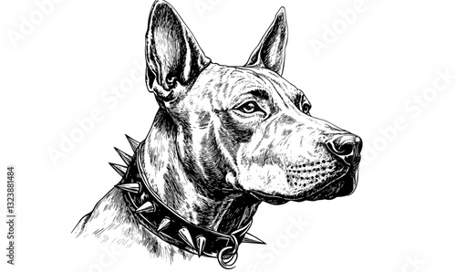 Doberman dog with spiked collar, head profile black and white linear art, icons set vector.