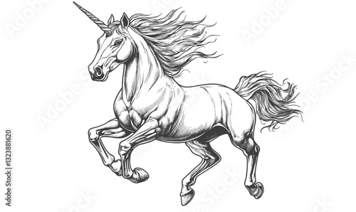 Majestic unicorn with flowing mane in motion, mythical creature vector, linear icons set.