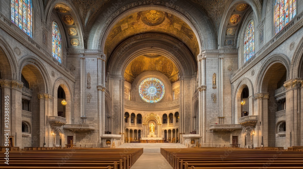 Interior view of a majestic cathedral showcasing the architecture and grandeur Interior view of a majestic cathedral showcasing the architecture and grandeur