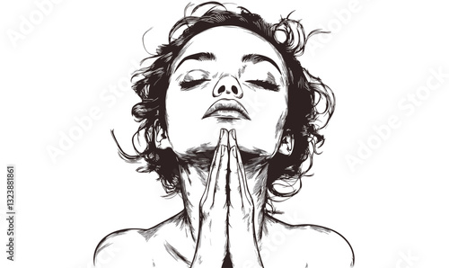 Elegant woman with hands together in prayer, face upward, vector, linear icons set.