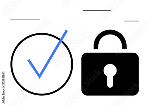 Blue checkmark in circular outline symbolizing validation next to locked padlock for security. Ideal for trust, protection, authentication, privacy, approval, compliance, access. Flat simple metaphor