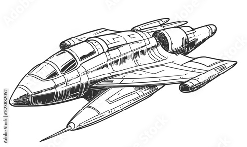 Futuristic spacecraft design in linear style - icons set vector.