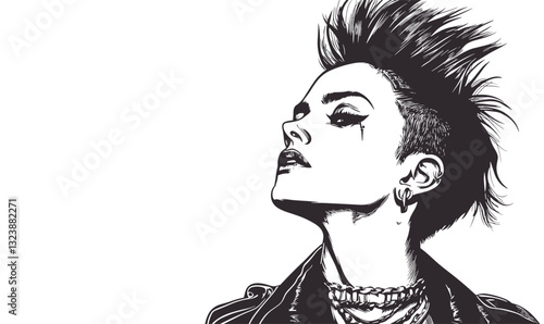 Punk rock style portrait with mohawk and leather jacket, linear icons set vector.