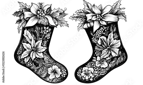 Christmas stockings with poinsettias and holly decorations, linear icons set, vector.
