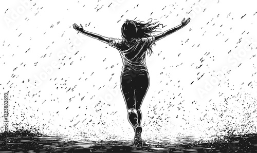 Joyful woman dancing in the rain with open arms, vector, linear icons set.