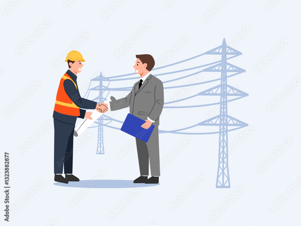 Fototapeta premium An engineer and businessman shaking hands in front of power transmission towers, symbolizing a deal in the energy sector.