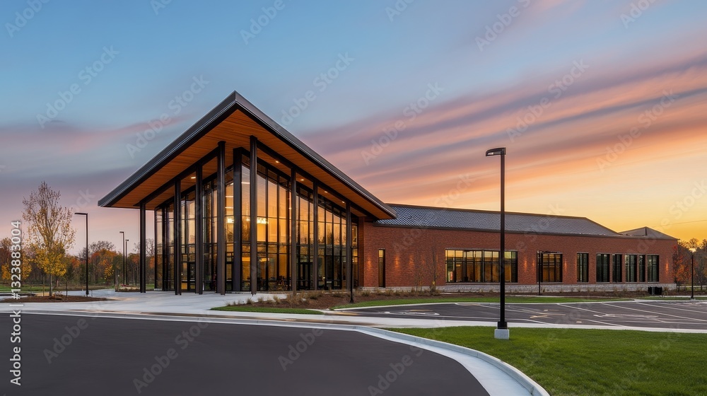 Modern architectural building with large glass facade at sunset, surrounded by landscaped grounds Modern architectural building with large glass facade at sunset, surrounded by landscaped grounds