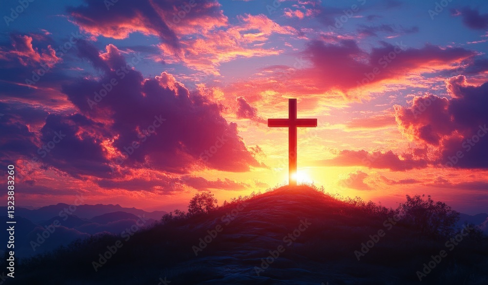 Cross on Hill at Sunset - Serene Landscape with Spiritual Significance Cross on Hill at Sunset - Serene Landscape with Spiritual Significance