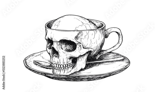 Skull in teacup with spoon - surreal art - monochrome linear icons set vector.