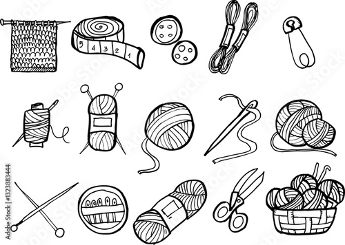 Hand drawn set of Knitting sewing symbols,Doodle vector illustration