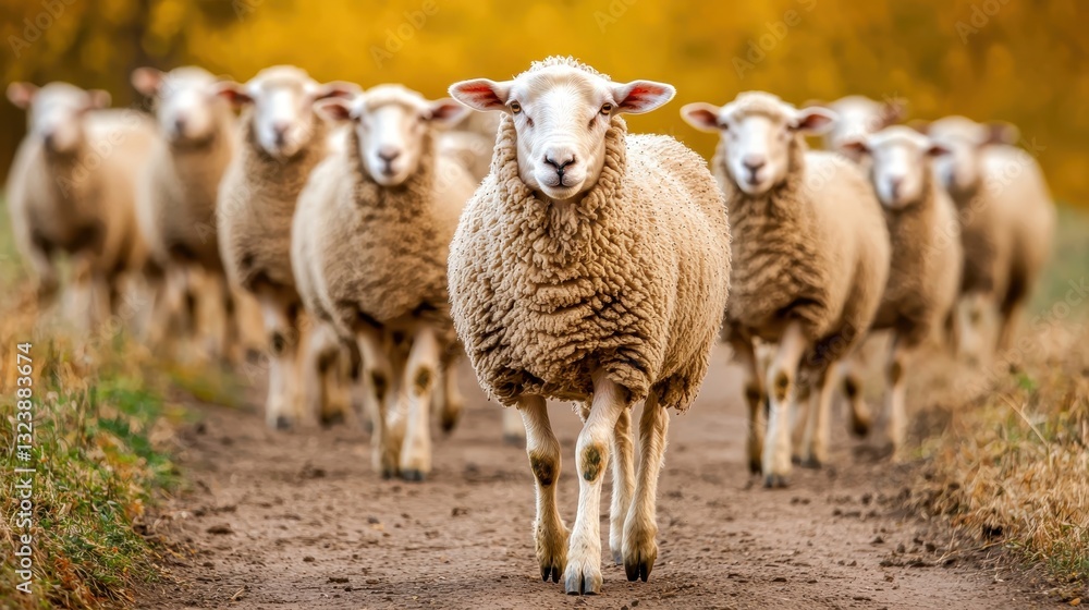 Obraz premium A flock of sheep walking on a dirt road in autumn. Concept of livestock, agriculture, and rural life.