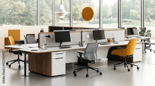 Modern open-plan office workstations with natural light, featuring ergonomic chairs and modular desks
