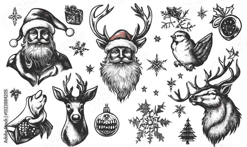 Christmas santa and reindeer with snowflakes, ornaments, birds, and winter elements icons set – linear vector.