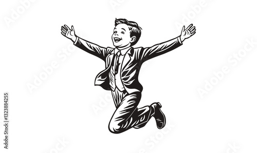 Joyful jumping child in suit - linear style vector icons set.