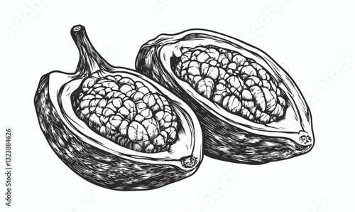 Cacao pods with beans, cross-section view, detailed flat icons set, linear vector.