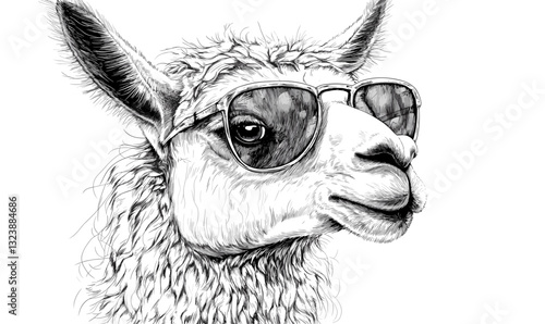 Cool llama wearing sunglasses vector design - linear style icons set.