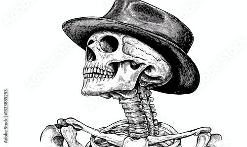 Skeleton wearing fedora hat in artistic style, flat icons set vector.