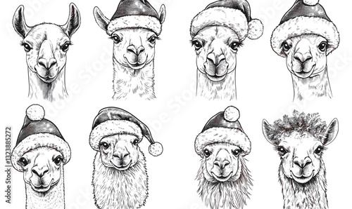 Festive llama faces wearing santa hats, black and white, vector, linear, icons set.