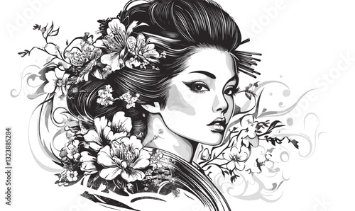 Elegant geisha with floral elements, black and white, flat icons set, vector.