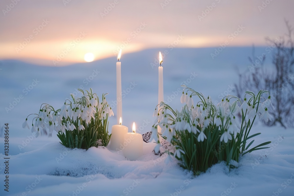 ancient celtic imbolc altar adorned with delicate snowdrops, white candles, and symbols of spring awakening against a snow-covered landscape at twilight