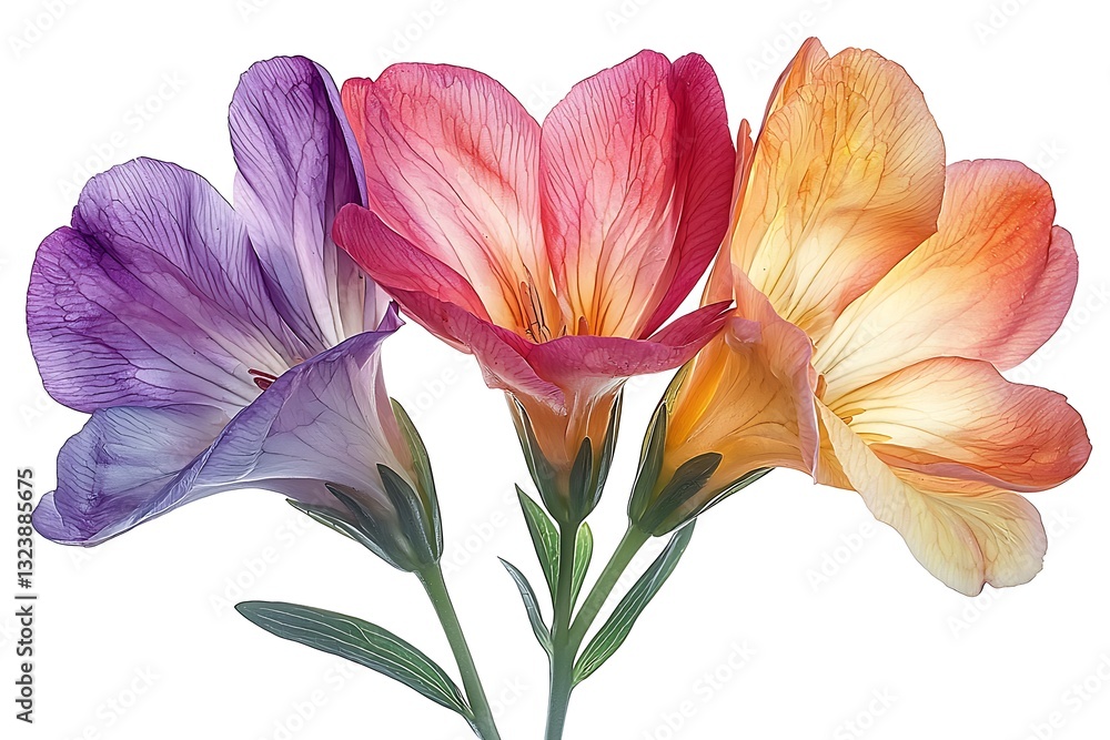Fototapeta premium Vibrant Trio of Freesia Flowers Purple Pink Orange Blooms Isolated on White Background