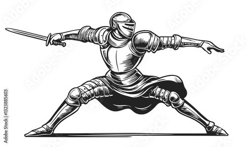 Medieval knight in battle pose, sword and armor, flat icons set, vector.