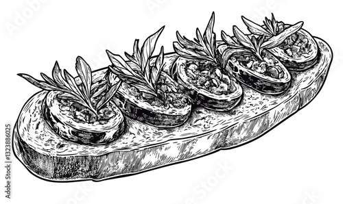 Bruschetta with vegetables and herbs black and white vector, linear style, icons set.