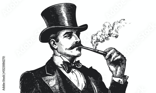 Vintage gentleman smoking pipe in top hat and bow tie, flat icons set, vector.