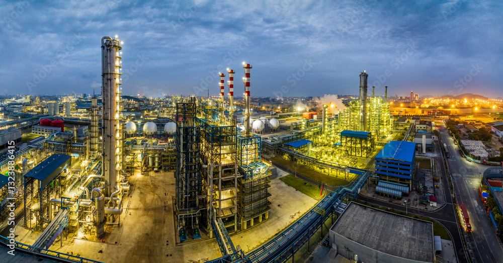 Fototapeta premium Panoramic view of illuminated chemical plant and oil refinery at night
