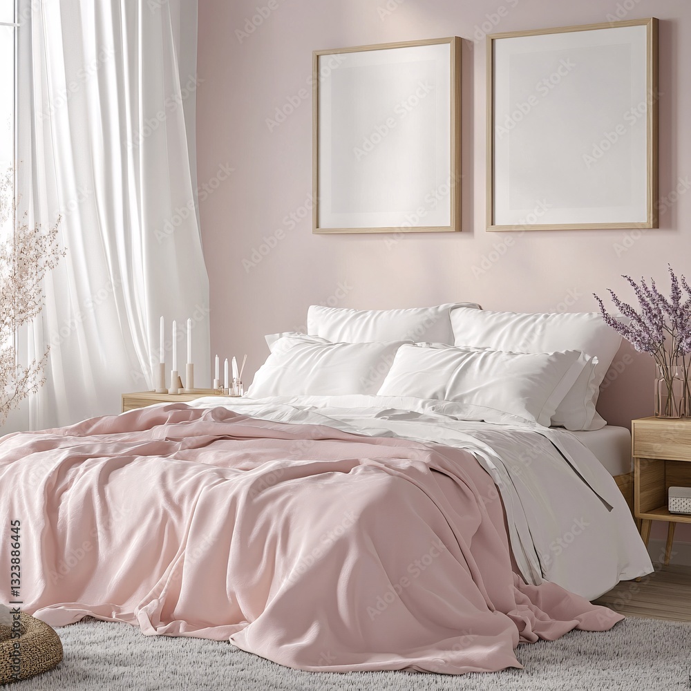 Obraz premium Serene Bedroom Haven with Plush Pink Blanket and Modern Wall Art for Relaxation and Peacefulness