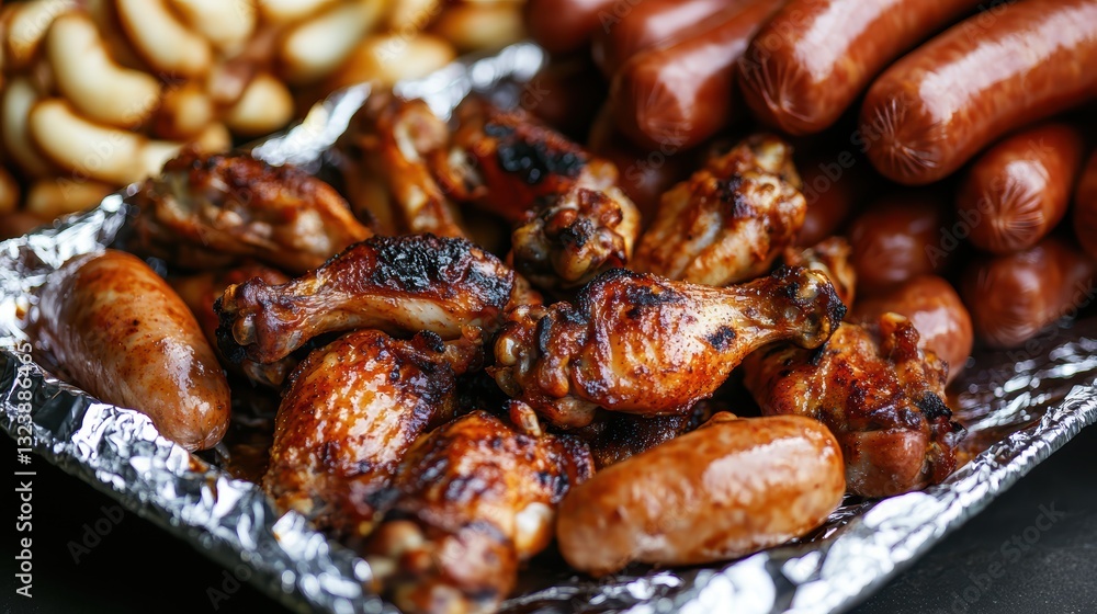 Grilled chicken served with savory sausages for a flavorful and satisfying meal Grilled chicken served with savory sausages for a flavorful and satisfying meal