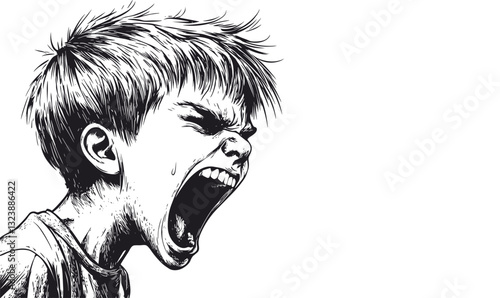 Angry child yelling black and white vector, linear style, mono illustration.