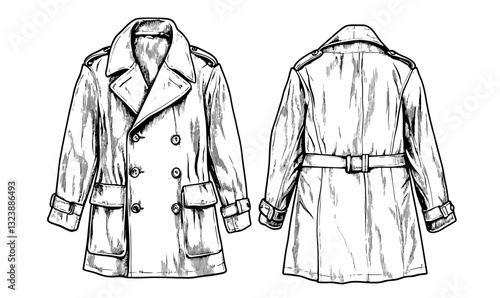 Double-breasted trench coat front and back views, linear icons set, vector.