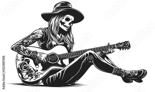 Skeleton musician playing guitar in western hat, art vibe, black and white, vector, linear icons set.