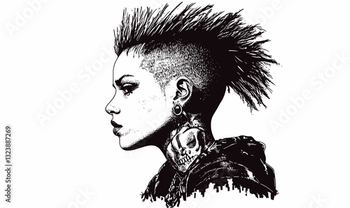 Punk rocker profile with mohawk, tattoos, and skull earring – linear icons set vector.