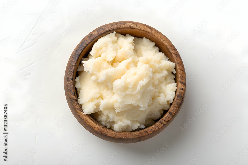 Rustic wooden bowl filled with raw shea butter and nuts, organic skincare Rustic wooden bowl filled with raw shea butter and nuts, organic skincare